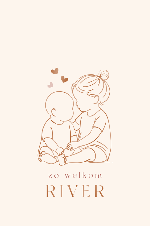 Lief geboortekaartje met lijntekening van grote zus en baby
