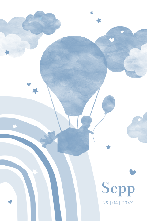 Watercolour geboortekaartje jongen blauw met luchtballon en silhouetje