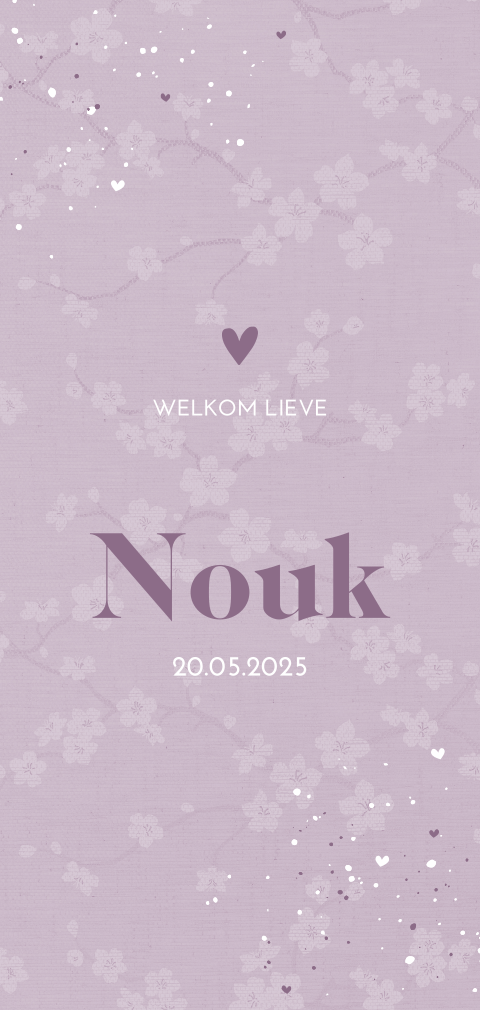 Lief geboortekaartje met paarse stof-look en bloemenpatroon