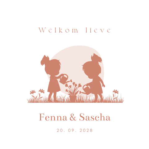 Lief geboortekaartje tweeling met silhouetjes in de tuin