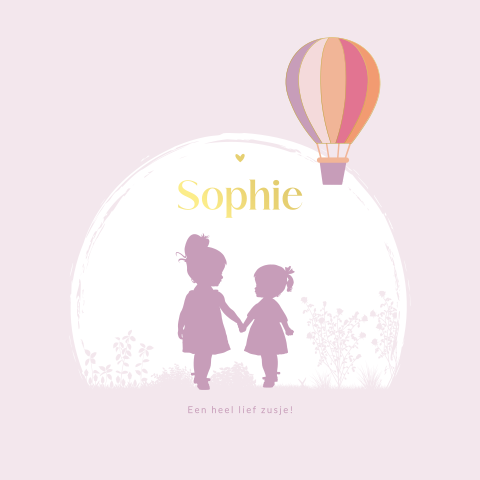 Lief silhouet geboortekaartje voor een zusje met kleurrijke luchtballon