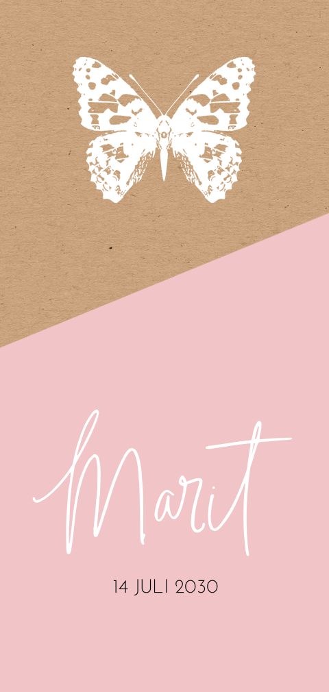 Stoer kraft geboortekaartje voor meisje met roze vlak en vlindertje