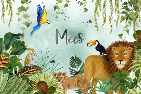 Jungle geboortekaartje met zwarte hoogglans en blauwe watercolor