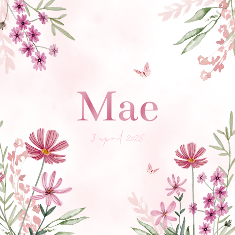Prachtig geboortekaartje met roze hoogglans, watercolour en bloemen