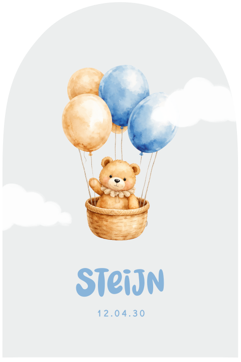 Lief geboortekaartje in arch vorm met beer en blauwe ballonnen