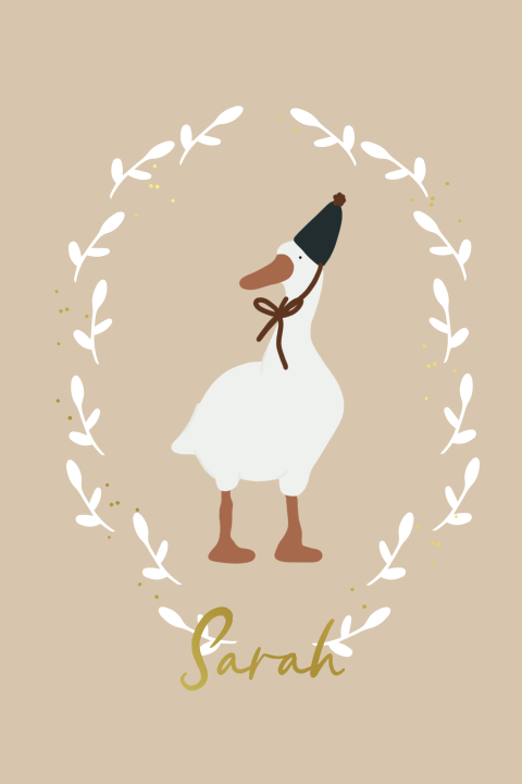 Lief goudfolie geboortekaartje met gansje en takjes