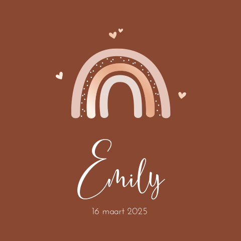Een hip geboortekaartje met een regenboogje en roségoudfolie