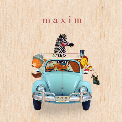 Echt houten babykaartje met illustratie auto met zebra, leeuw en beer