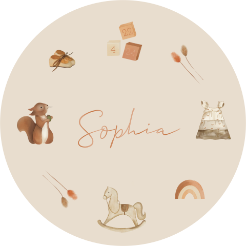 Origineel rond geboortekaartje hoogglans meisje met illustraties