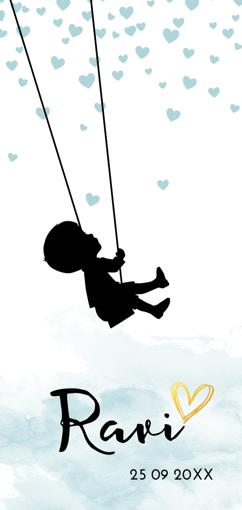 Hip geboortekaartje met waterverf en silhouet van jongetje op schommel