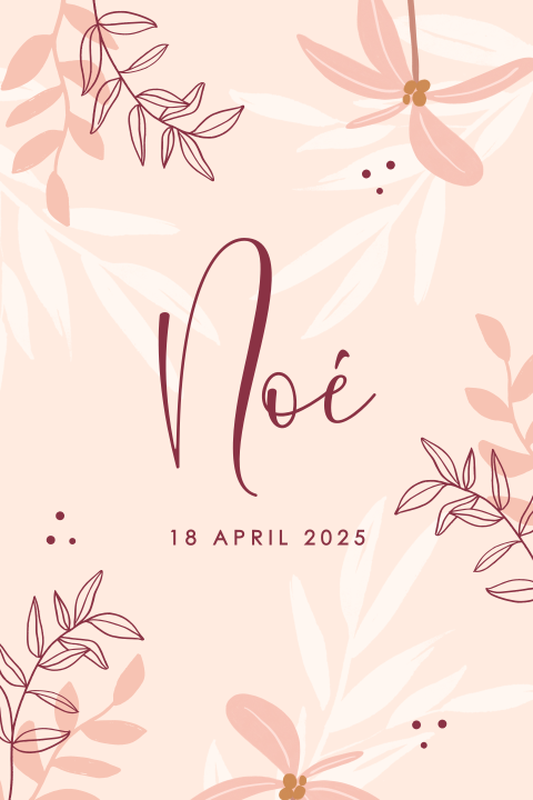 Lief roze geboortekaartje met bloemen en takjes voor een meisje
