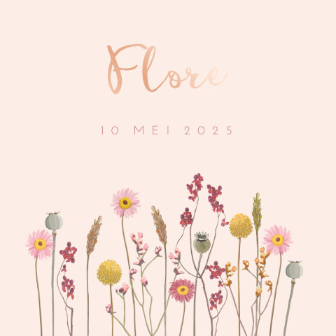 Trendy roségoudfolie geboortekaartje voor meisje met droogbloemen