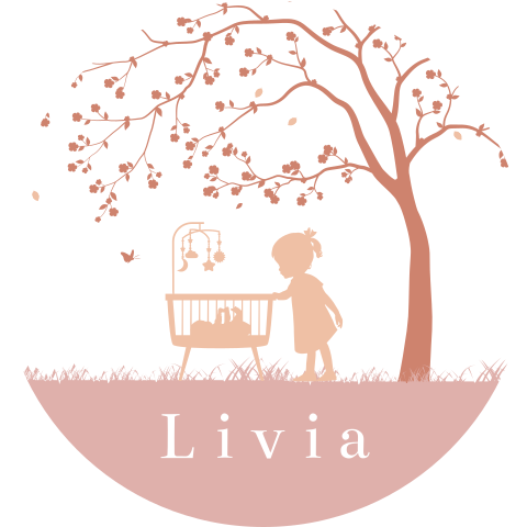 Naamsticker roze met silhouet van grote zus en wiegje