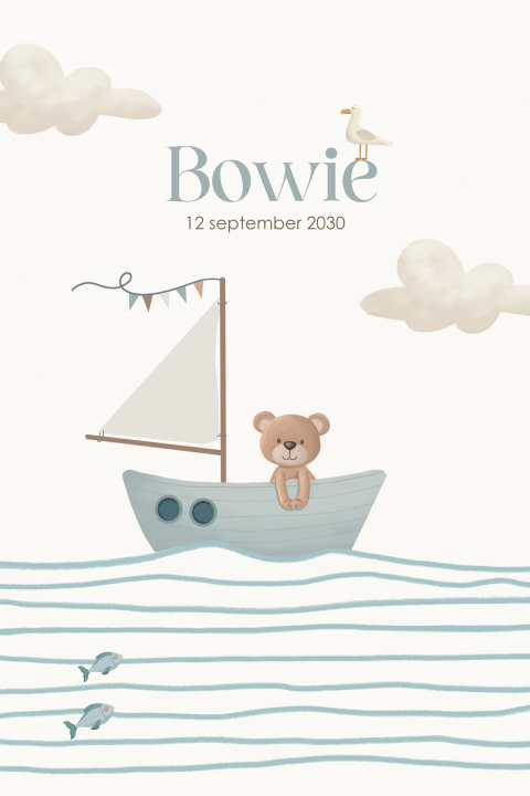 Lief geboortekaartje blauw met beertje in bootje