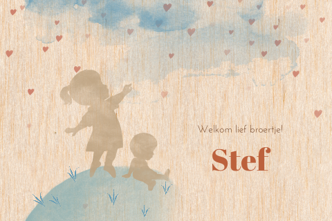 Lief echt houten geboortekaartje met silhouetjes op wereldbol