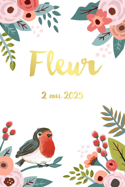 Vrolijk goudfolie geboortekaartje voor meisje met bloemen en vogeltje