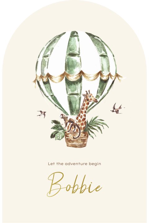 Goudfolie geboortekaartje met luchtballon en jungledieren