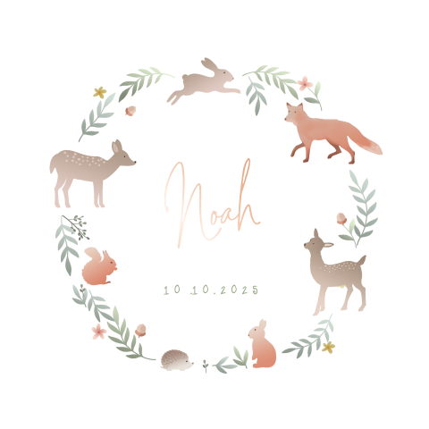 Herfst roségoudfolie geboortekaartje met bosdieren en takjes krans
