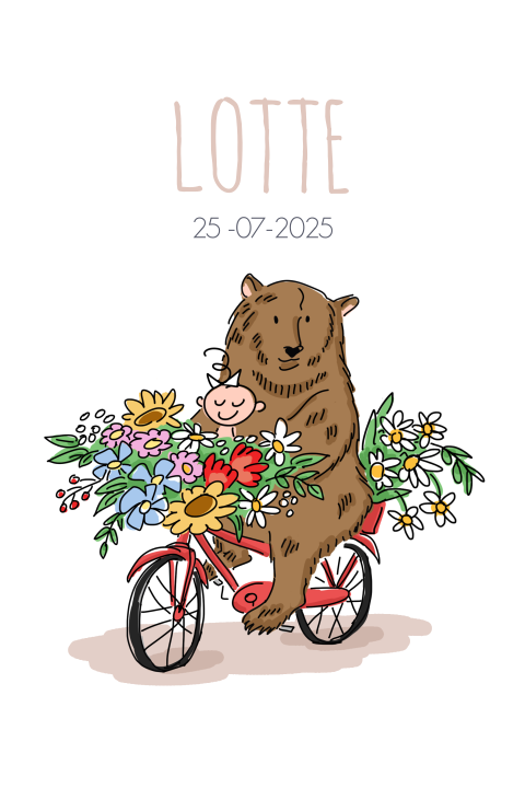 Geboortekaartje meisje met beer op fiets vol bloemen