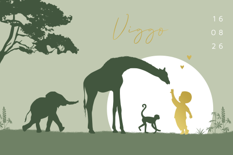 Goudfolie geboortekaartje met silhouetjes van jongen en jungle dieren