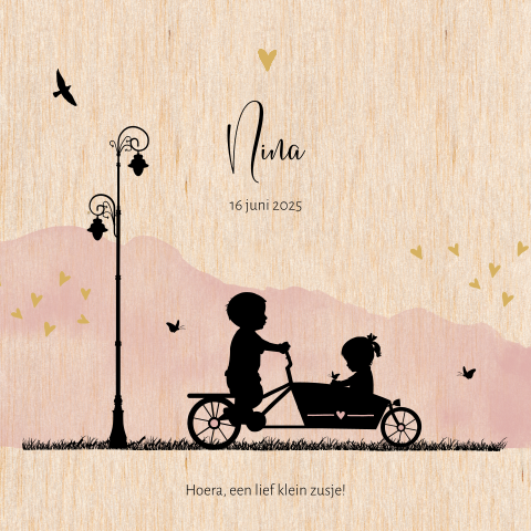 Lief, romantisch geboortekaartje meisje echt hout met silhouet