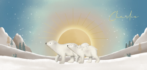 Winters geboortekaartje met goudfolie en schattige ijsberen familie