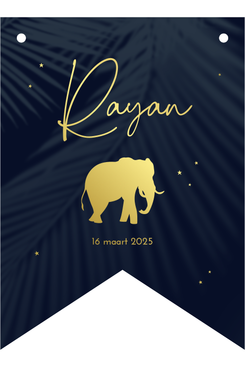 Origineel babykaartje in de vorm van een vlag met goudfolie en olifant