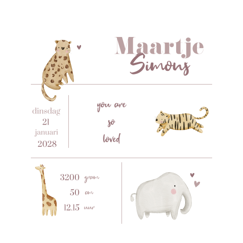 Geboortekaartje meisje met jungledieren en geboortegegevens
