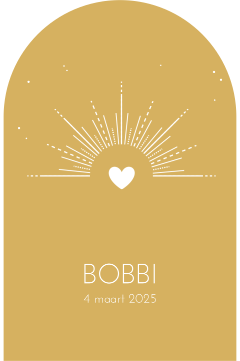 Hip origineel geel geboortekaartje in vorm arch met halve zon