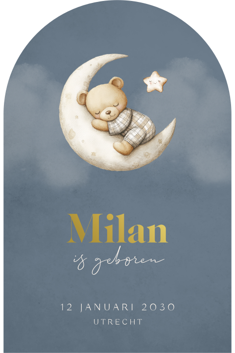 Lief geboortekaartje met slapend beertje op maantje in boogvorm