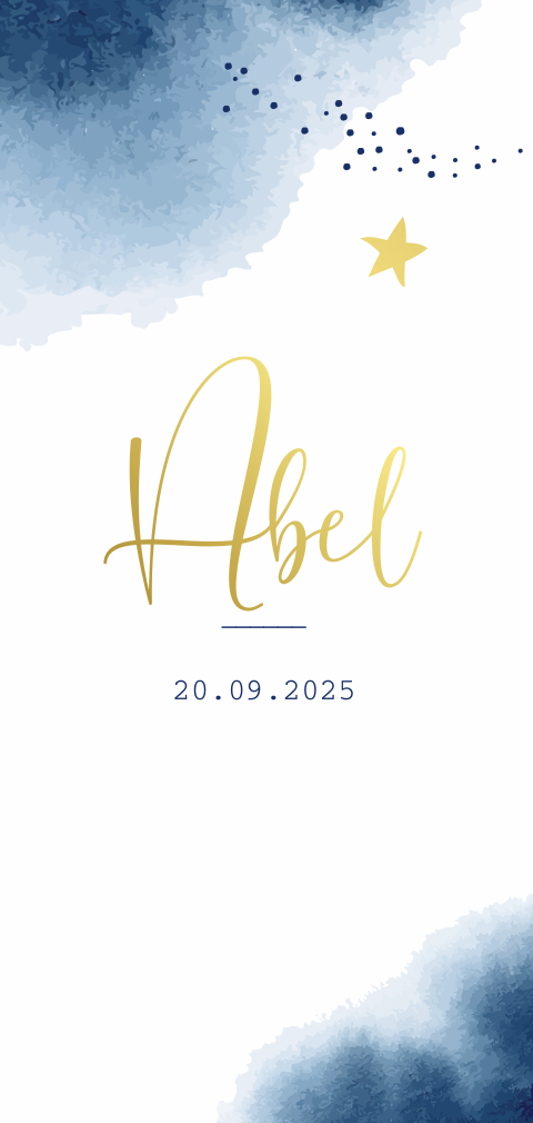 Minimalistisch goudfolie geboortekaartje jongen met blauwe verf