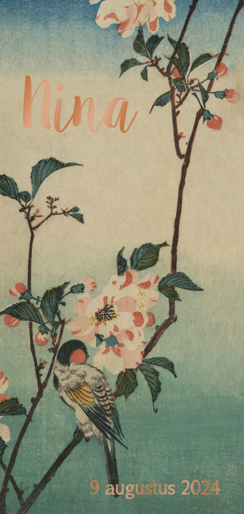 Hoogglans geboortekaartje meisje met vogel en takje