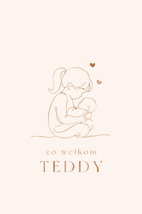 Geboortekaartje met knuffelende zus en baby in lijntekening