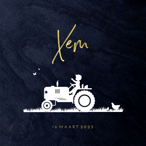 Hip goudfolie geboortekaartje met silhouet jongen op de traktor