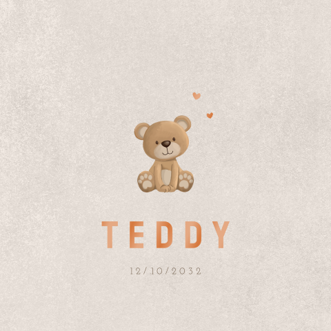 Neutraal geboortekaartje met lief teddybeertje en hoogglans hartjes