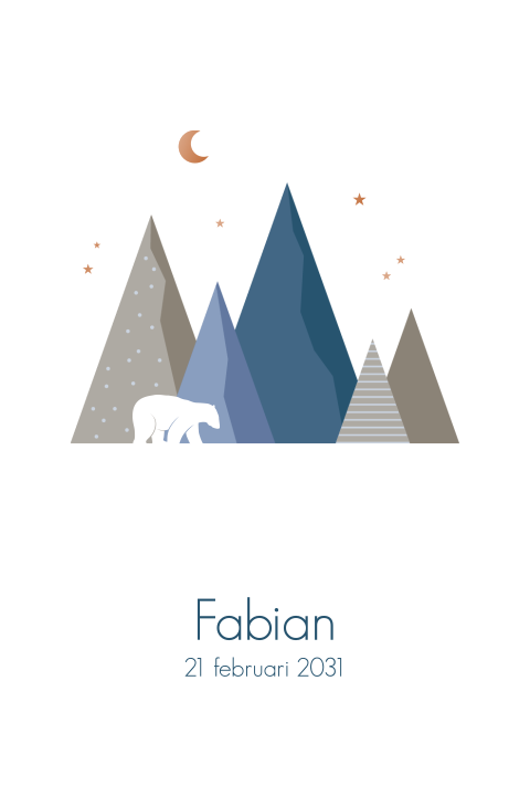 Winters geboortekaartje voor jongen met bergen en hoogglans sterren