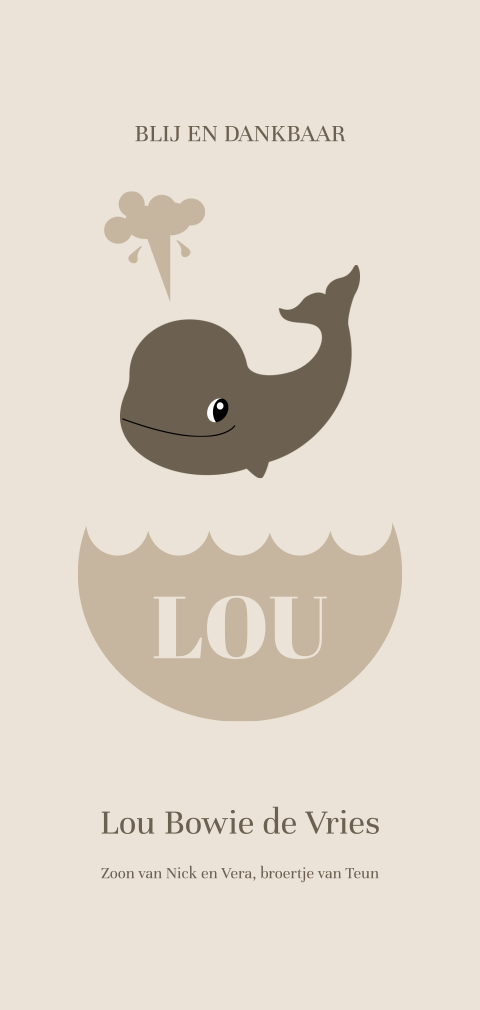 Beige geboortekaartje jongen met walvis