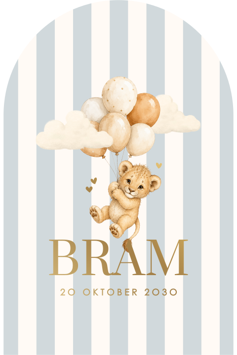Geboortekaartje in boogvorm met strepen leeuwtje aan ballonnen