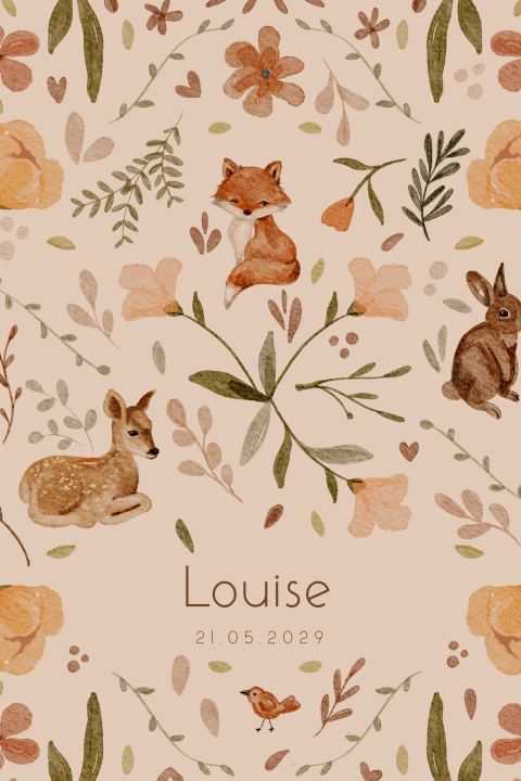 Herfst geboortekaartje met illustraties van bosdieren en takjes
