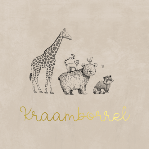 Beige babyborrel kaartje met dieren en goudfolie