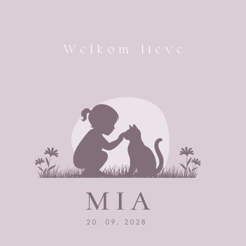 Schattig geboortekaartje met silhouet van een meisje en kat