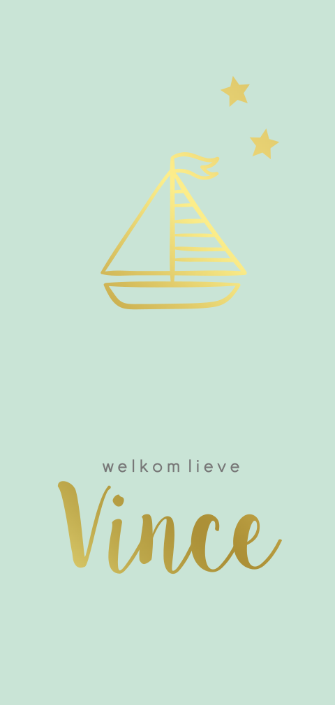 Goudfolie geboortekaartje jongen mintgroen met bootje