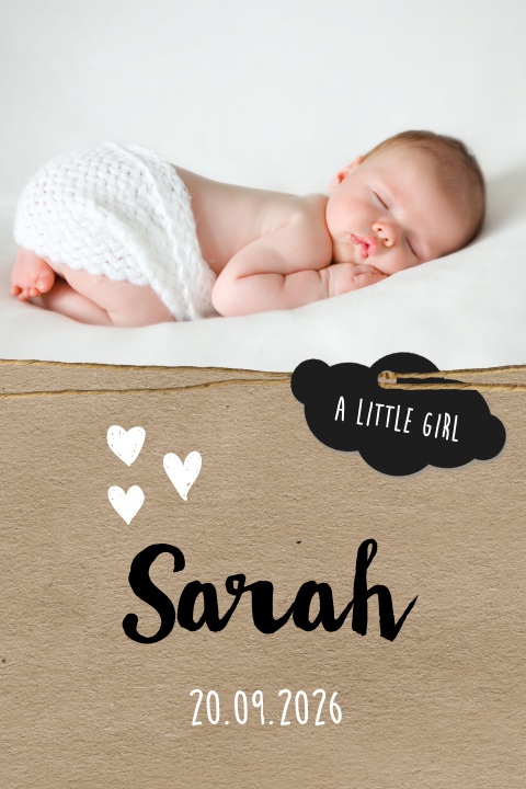 Hip babykaartje met kraftlook en wolk labeltje