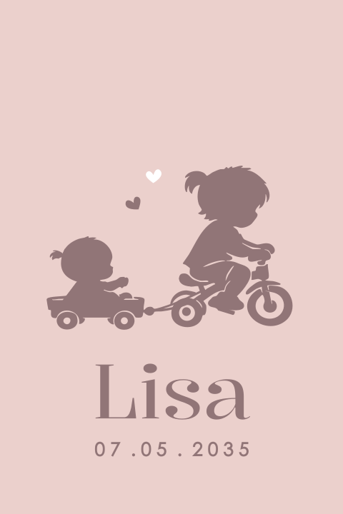 Lief geboortekaartje met silhouet zusjes op de fiets