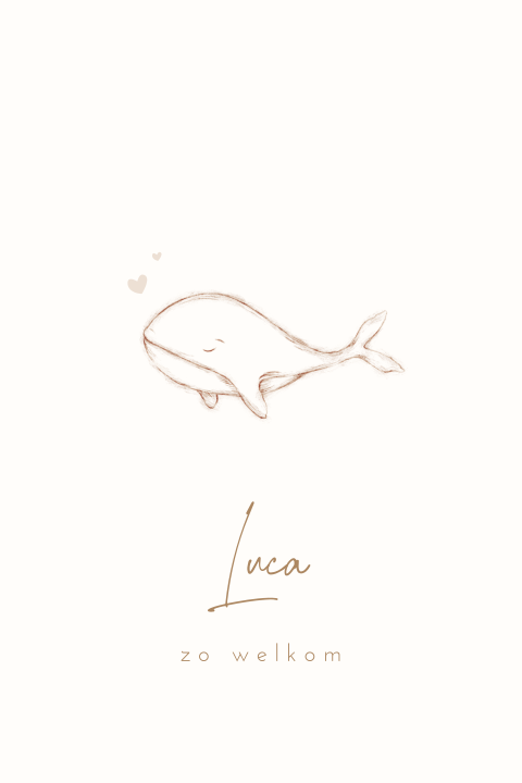 Prachtig geboortekaartje met lijntekening van walvis en hartjes