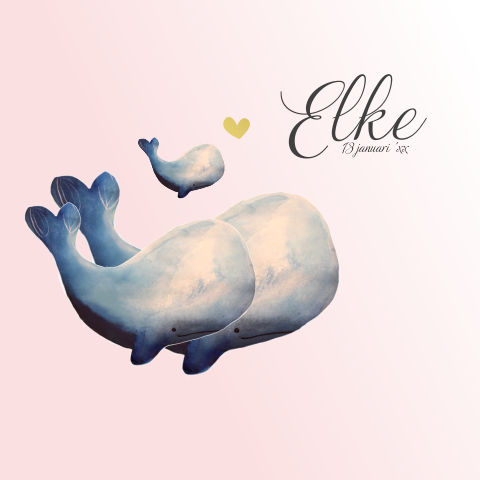 Lief goudfolie geboortekaartje met walvissen op roze waterverf