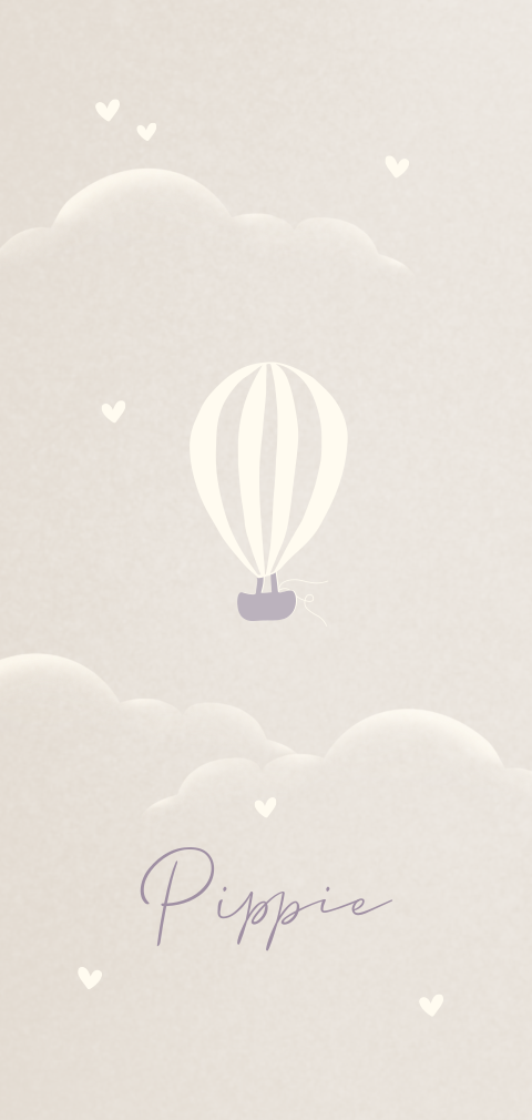 Langwerpig geboortekaartje beige met lila luchtballon