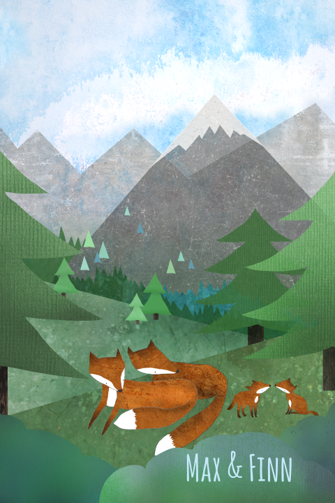 Geboortekaartje met vosjes familie voor tweeling