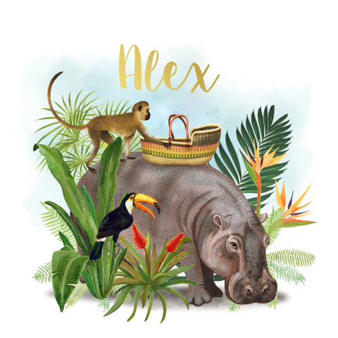 Jungle geboortekaartje zoon nijlpaard met wieg en aapje met goudfolie