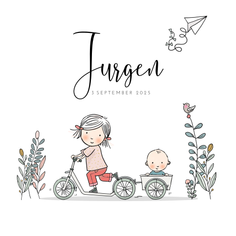 Getekend geboortekaartje jongen met grote zus